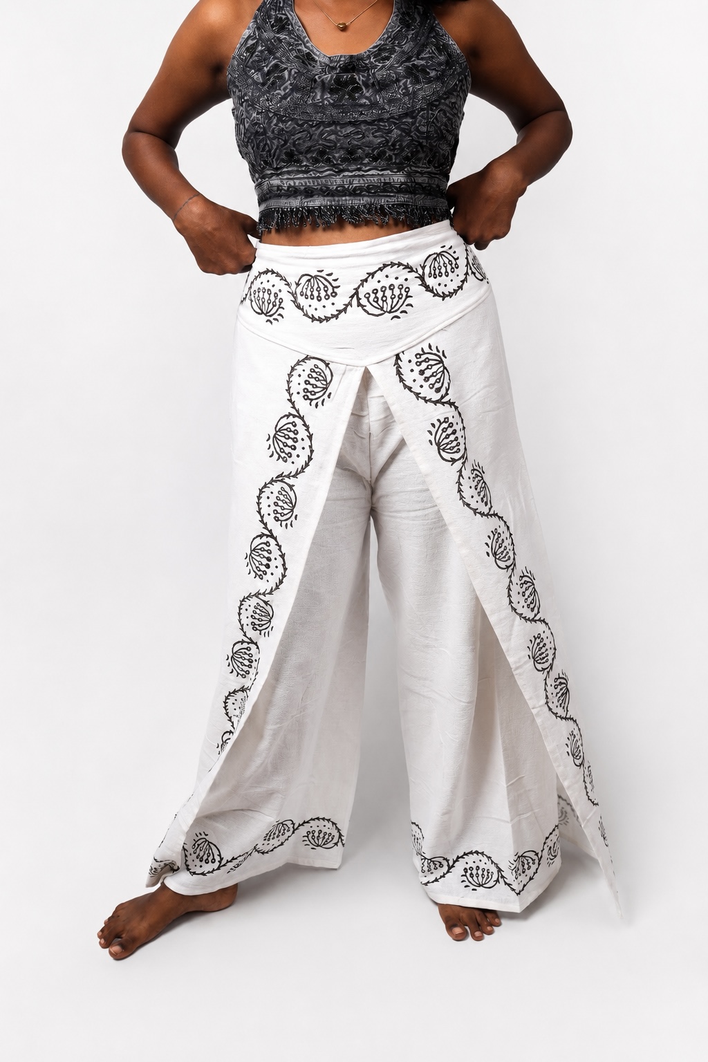 Ancient Mayan Motif Wide-Leg Wrap Pants – Ivory