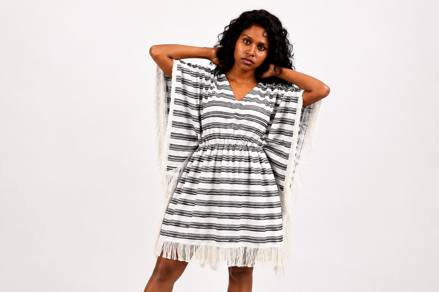 Ancient Mayan Striped Fringe Kaftan Dress – Ivory & Black